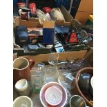 3 boxes of misc to include pottery, glass, iron, ornaments, wooden items, etc. Live bidding
