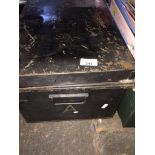 A black metal deed box/chest Live bidding available via our website, if you require P&P please