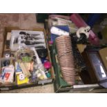 3 boxes of mixed items including glass, pottery, sewing box, cutlery. costume jewellery etc Live