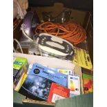 A box of misc, steam iron, light bulbs, cable, etc. Live bidding available via our website, if you