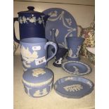 Eight pieces of Wedgwood blue jasper ware Live bidding available via our website, if you require P&P