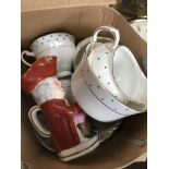 A small box of china teaware etc Live bidding available via our website, if you require P&P please
