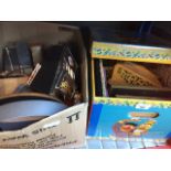 Two boxes with vintage tin plate toy, model railway items, pictures, etc Live bidding available
