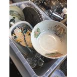 Plastic crate of pottery inc. two Royal Doulton plates, Burns Centenary bowl, plated cruet set