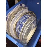 A box of blue and white plates.