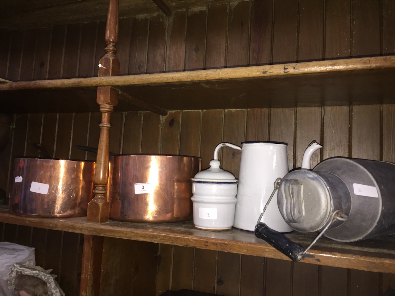 A small galvanised milk churn, 2 enameled items and 2 large copper pans.