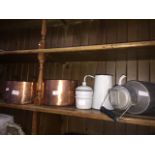 A small galvanised milk churn, 2 enameled items and 2 large copper pans.