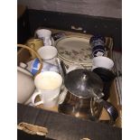 A box of misc pottery and stainless steel tea pot.