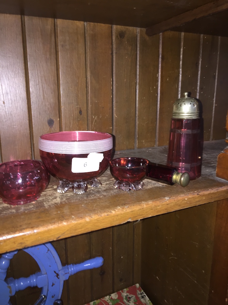 5 cranberry glass pieces