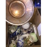 Box of pottery and a metal dish