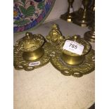 Vintage brass Art Nouveau double inkwell with glass wells