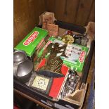 Tray of mixed collectables including small clock and subbuteo items.