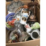 A box of misc pottery, platedware and glass.