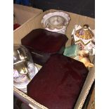 A box of collectables to include pottery, bookends, clock, etc.