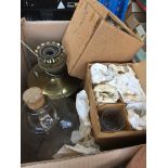A box of misc to include kitchen scales, demijohn, drinking glasses, sherry glasses and a parafin