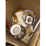 A box of misc, pottery, 2 clocks, table lamp, bathroom mirror, multiple socket gang plug, etc.