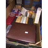 A box of hobby craft items, stamps, pens, pencils, etc.