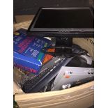 A box of PC items to include monitor, keyboard, speaker, cables, fax machine and 2 car radios.