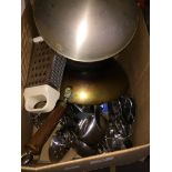 A box of kitchen items to include pans, cutlery, etc.