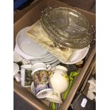 A box of pottery, mugs, tureens, glass trays, etc.