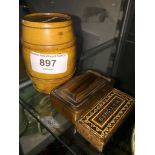 Mauchlin ware barrel money box, olivewood snuff box and parquetry matchbox