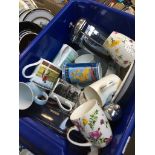 Blue tub of mugs and other pottery etc.