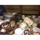 2 boxes of pottery, cups, teapots, bowls, etc.
