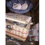 A box of assorted items, a box of haberdashery items, brass candle holder, pottery bowl, etc
