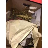 A box of mainly hardware, to include brass and wall sconces