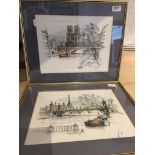 20th Century School, Pair of Parisian street scenes, Pen and ink with wash, indistinctly signed