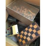 A box of collectables to include chess sets, calculator, spectacles, etc.