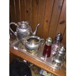 Antique Elkington silver plate coffee pot & sugar bowl, various sifters and tray.