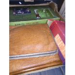 Box containing Subuteo game and leather wallets