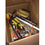 A box of tools, electric jigsaw, clamps, etc.