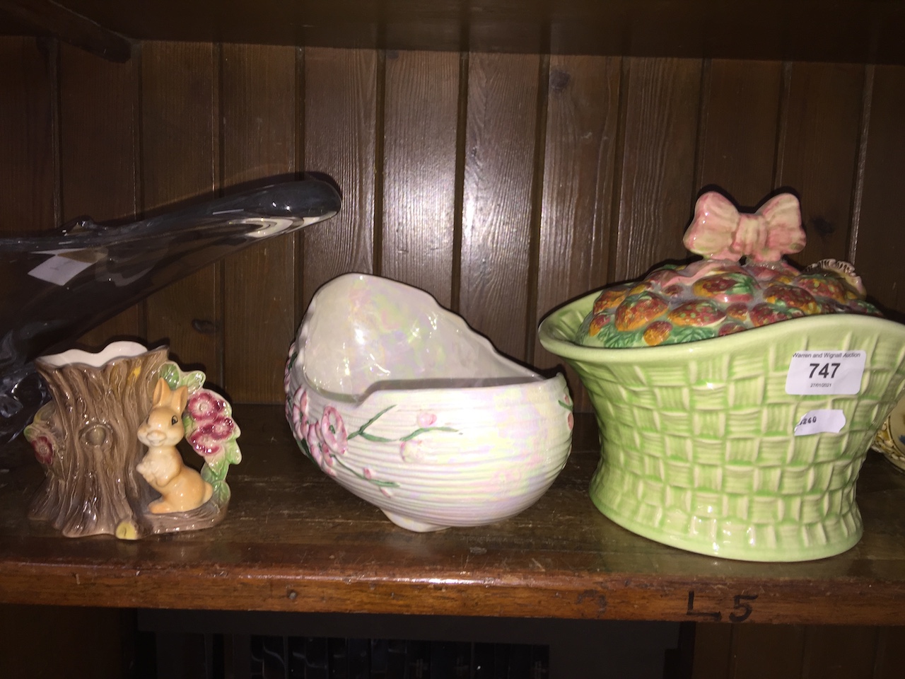 Small Fauna vase, Art Deco basket vase and a Maling bowl