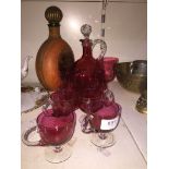 19th century cranberry glass decanter and glasses