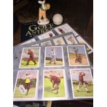 Golfing related items including cigarette cards, golf antiques book & 2 small ornaments.