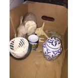 A box of pottery, 2 elephants, ginger jar, etc.