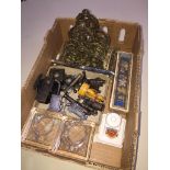 Box of vintage desktop items including 8 pencil sharpeners, brass letter stand and inkwells.
