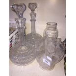 Two glass decanters, shade and funnel