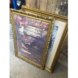 2 large gilt framed prints - street scene, etc.