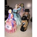 Three Royal Doulton figures and two Rotyal Doulton Churchill jugs