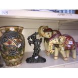 2 wooden elephant,Chinese style metal figure and a pottery vase