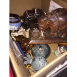 Box of items inc. carnival glass