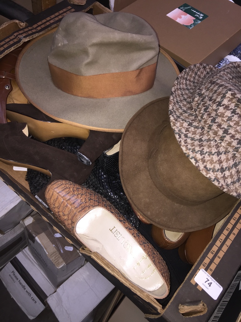 A box of vintage shoes and 3 hats