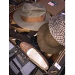 A box of vintage shoes and 3 hats