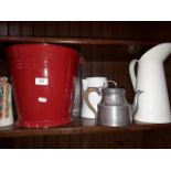 Enamel bucket and two jugs and a pewter teapot