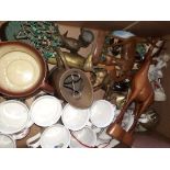 A box of miscellaneous including metalware, wooden animals etc