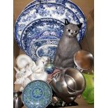 Box of items including Royal Worcester hen egg coddlers, a glass scent bottle, blue and white