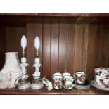 Two porcelain table lamps, cups and saucers inc. two Masons